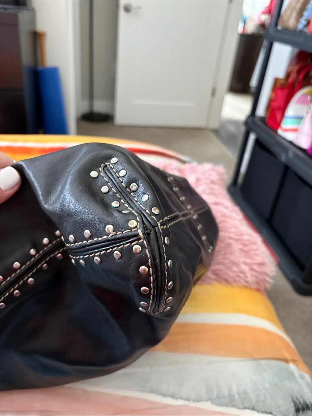 Michael Kors Black Leather Studded Drawstring Tote - Picture 11 of 13